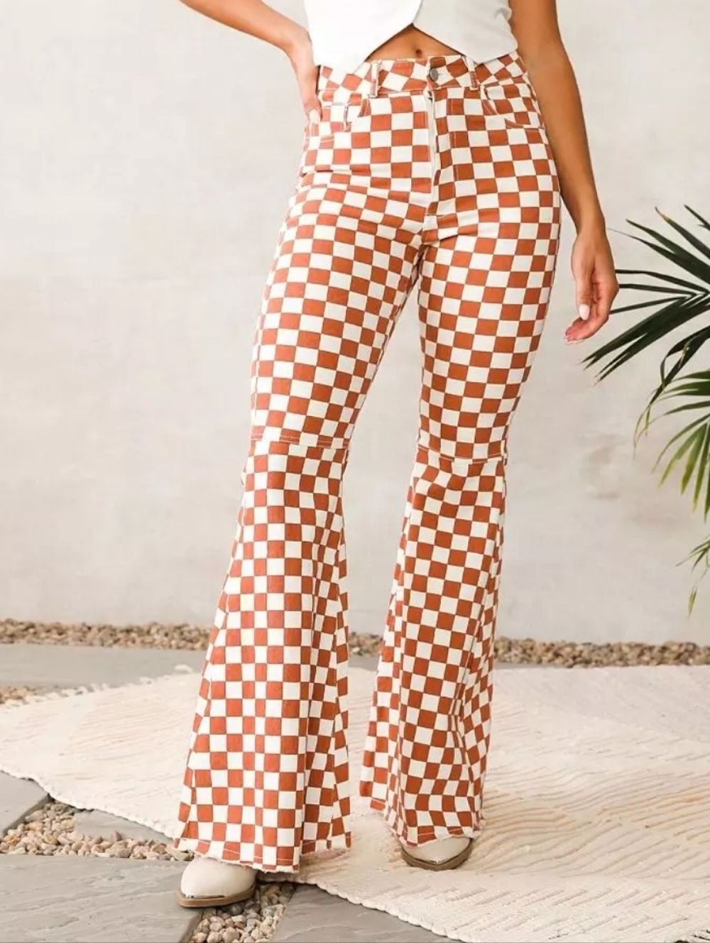 Checkered Flare Jeans Size 14 Y2K Retro Wide Leg Brown White Denim